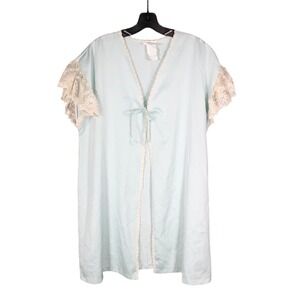 VTG UNDERCOVER WEAR Aqua RUFFLE LACE SLEEVE Tie Front DRESSING GOWN ROBE Sz L